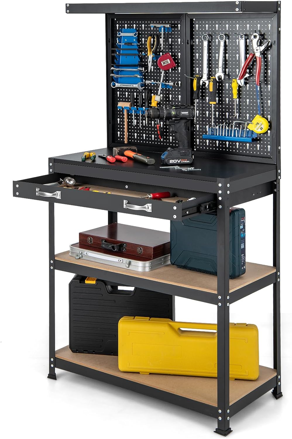 Workbench with Pegboard, 32" x 16" Multi-use Workbench with 2 Tires of Shelves, Topping Space - product view 1