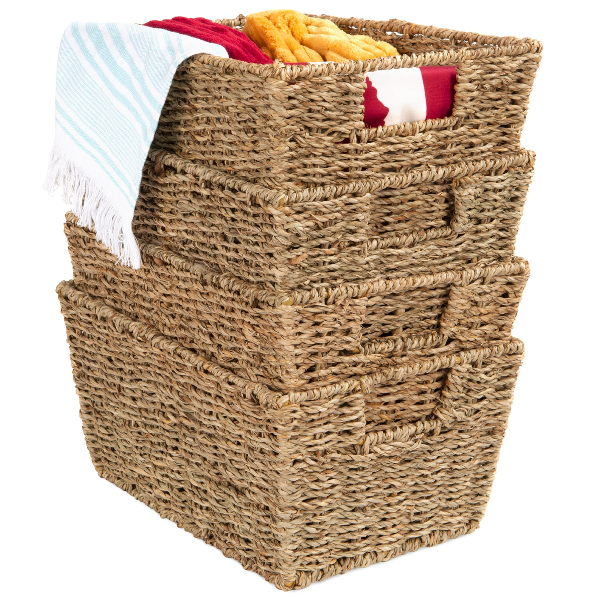 Set of 4 Seagrass Storage Tote Baskets, Laundry Organizer w/ Insert Handles - product view 1
