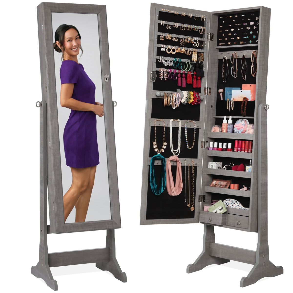 Full Length Freestanding Jewelry Mirror Armoire w/ Velvet Interior - product view 1