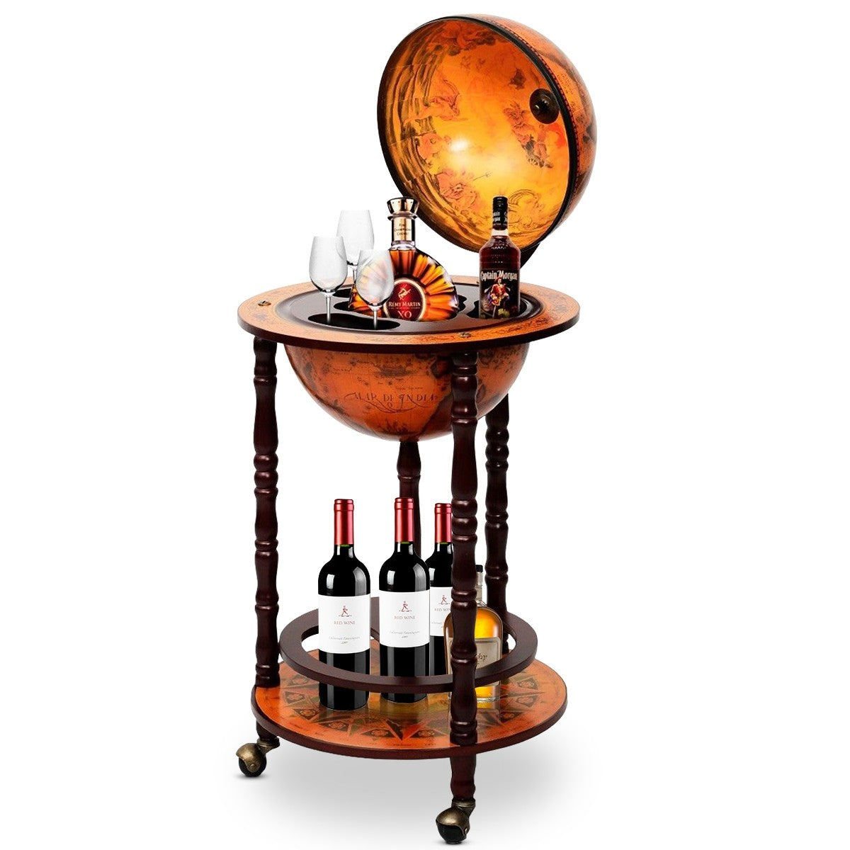 17" Wood Globe Wine Bar Stand 16th Century Italian Rack Liquor Bottle Shelf with Wheels - product view 1