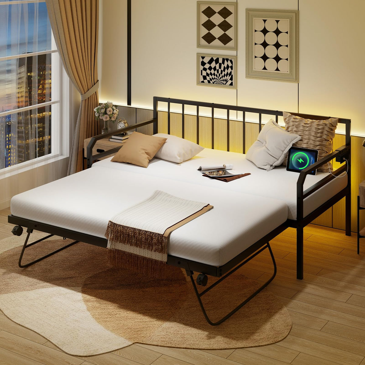 Twin Daybed with Trundle, Twin Bed Frame with Charging Station & LED Lights, Metal Trundle Bed Twin w/Steel - product view 1