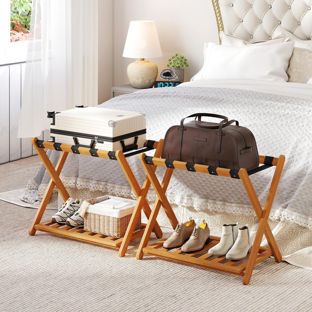Luggage Rack Set of 2 or 4 Folding Acacia Wooden Suitcase Stand - product view 1