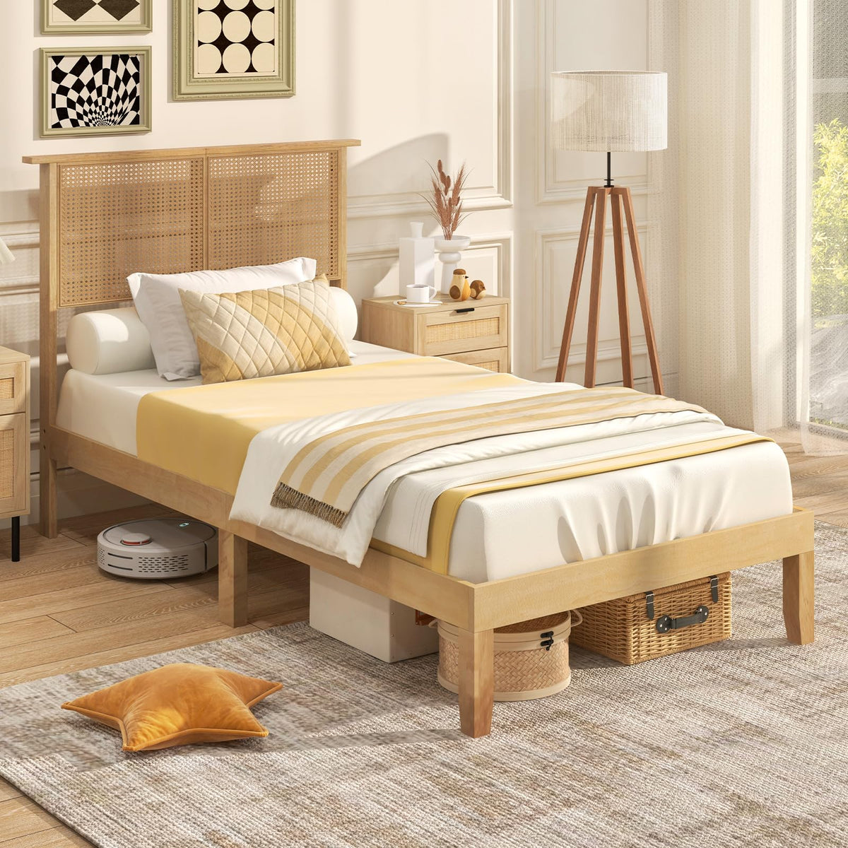 Queen/Full/Twin Size Bed Frames with Rattan Headboard, Boho Solid Wood Platform Bed with Wooden Slats - product view 1