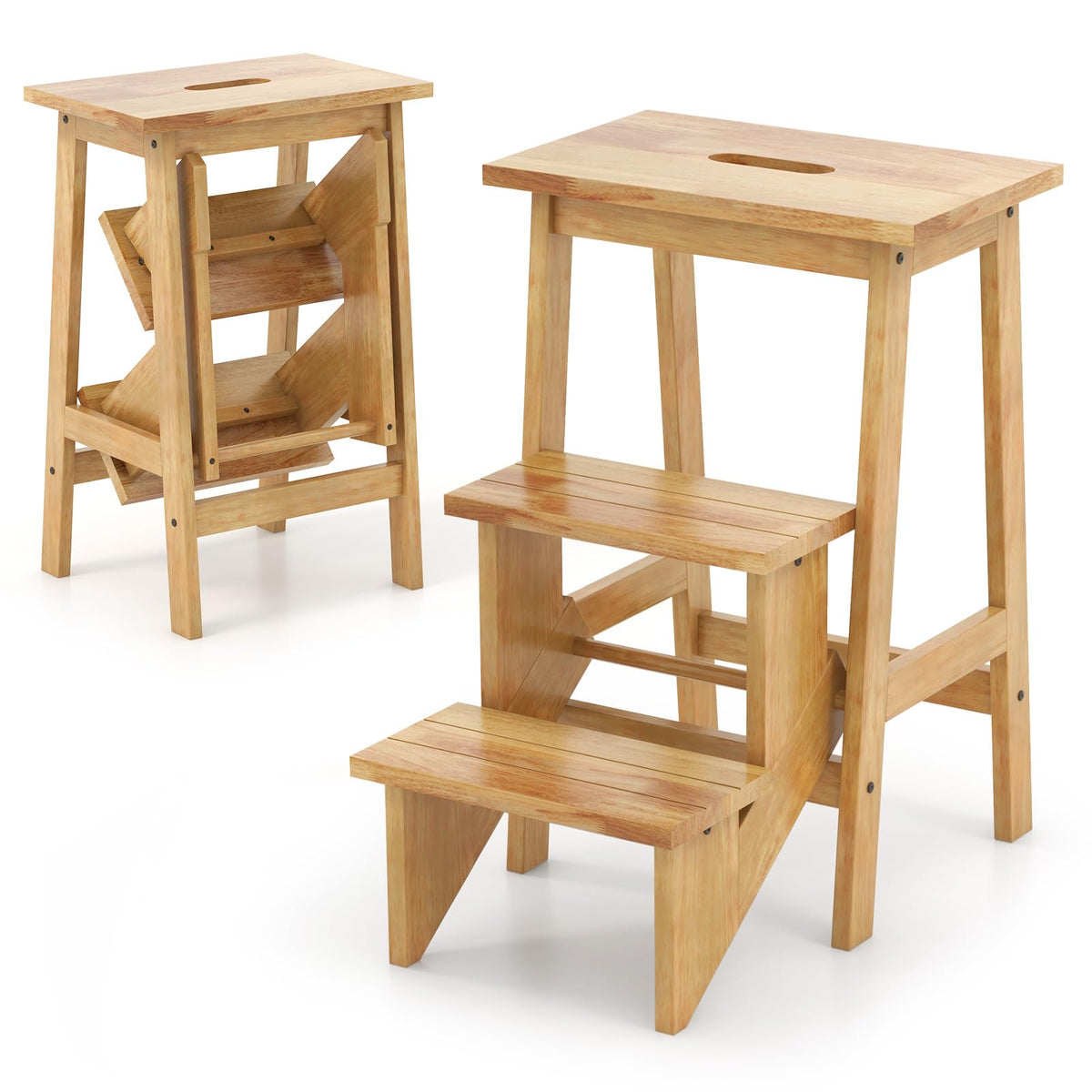 Folding 3 Tier Step Ladder, Multipurpose 3-in-1 Wood Step Stool with Anti-Slip (Natural) - product view 1