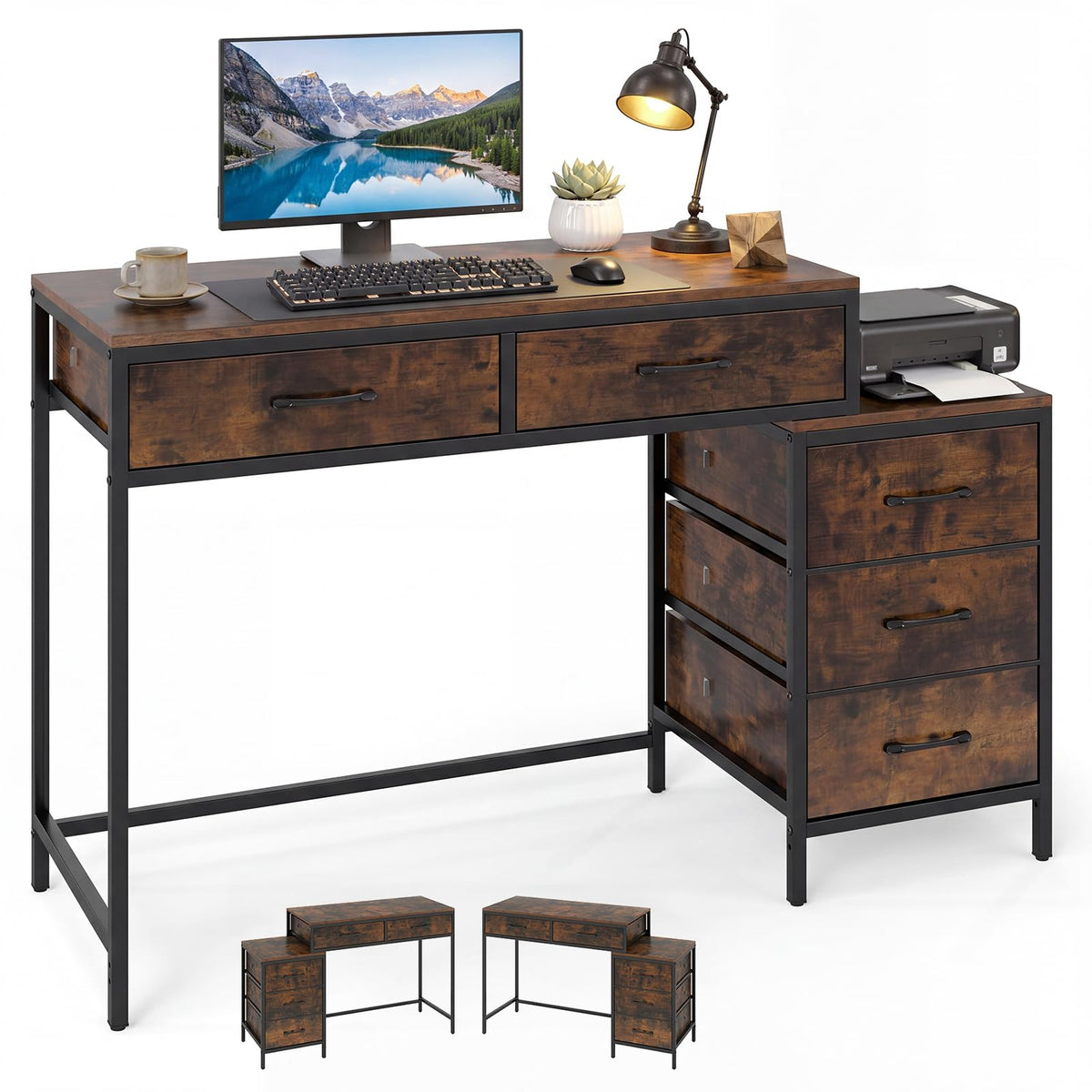 Reversible Computer Desk with 5 Drawers - product view 1