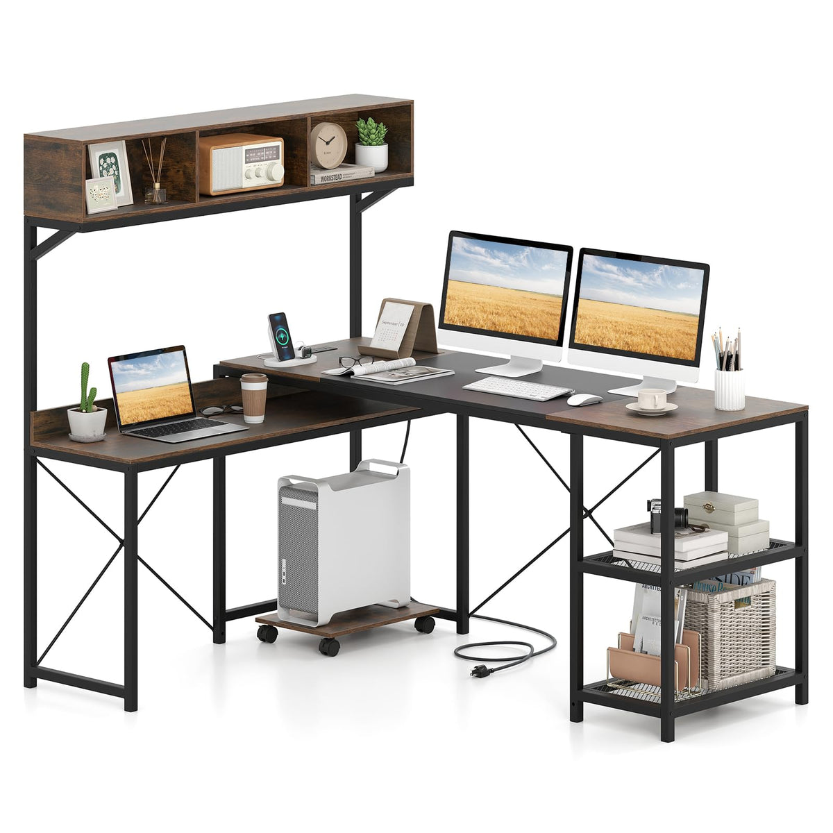 62" L-Shaped Computer Desk with Power Outlets - product view 1