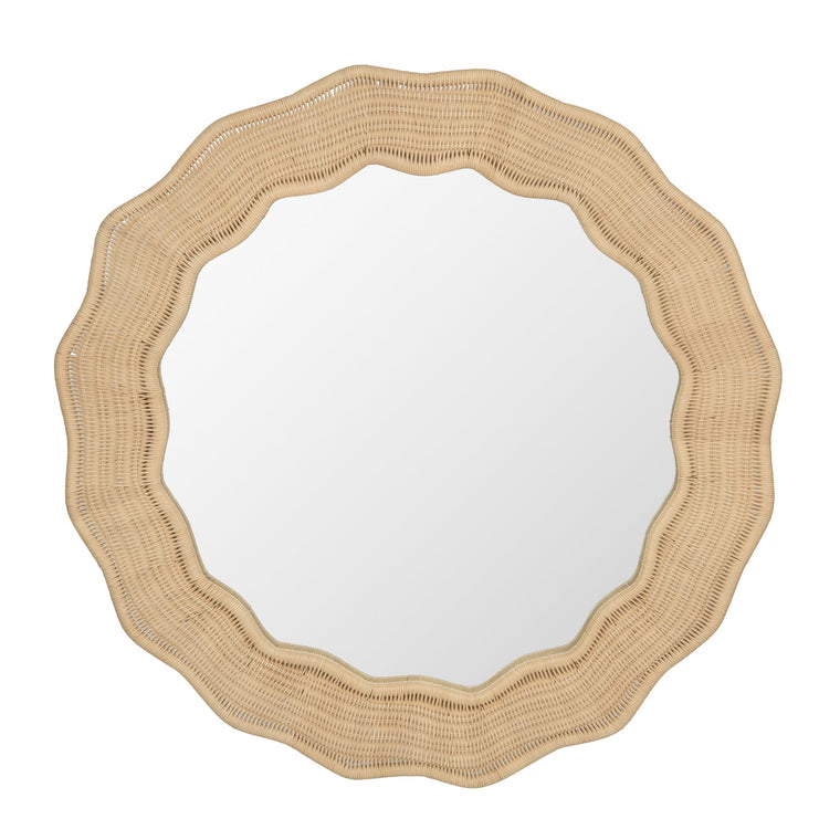 Scalloped Wicker Round Wall Mirror, Diameter 39.5 in, Natural - product view 1