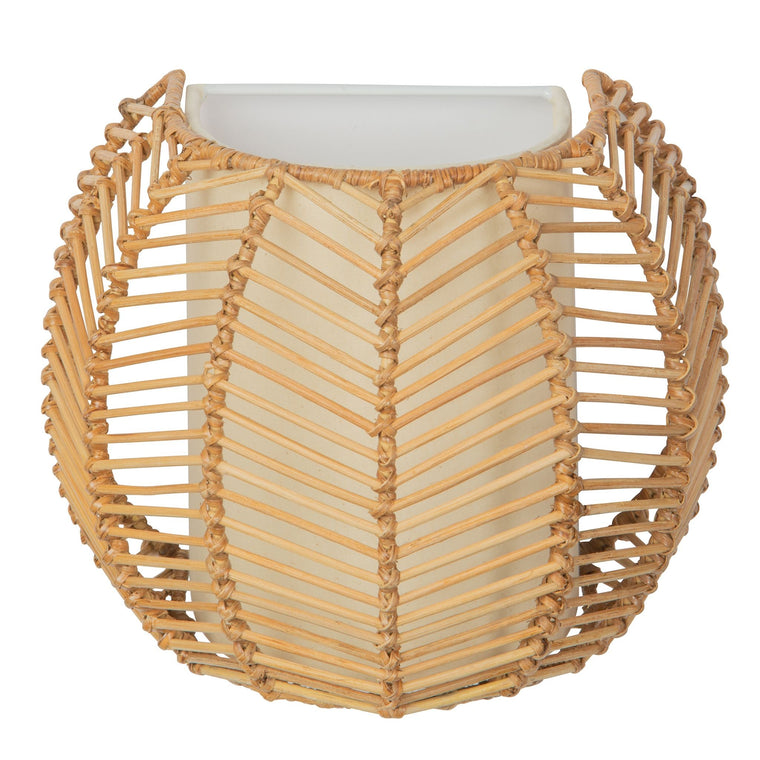 Wicker Rib Half-Sphere Indoor Wall Sconce with Whie Fabric Light Diffuser, Natural - product view 1