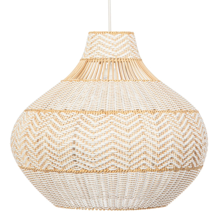 Wicker and Polyrattan Pear Shaped Zig-Zag Pendant Lamp, White, Diam 18 Inches - product view 1