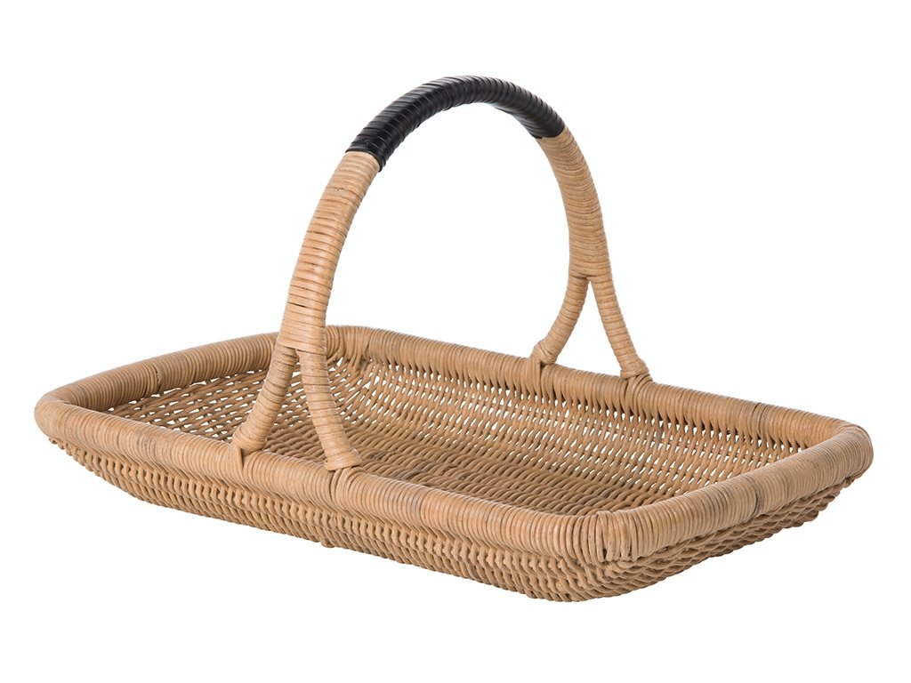 Vegetable and Flower Wicker Basket with Leather Wrapped Arch Handle, Natural Color - product view 1