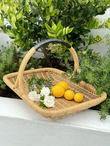 Vegetable and Flower Wicker Basket with Leather Wrapped Arch Handle, Natural Color - product view 2