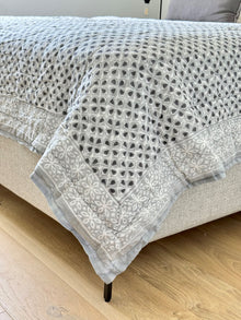 Hand Block Print Cotton Quilt and Bed Spread, Gray - product view 2