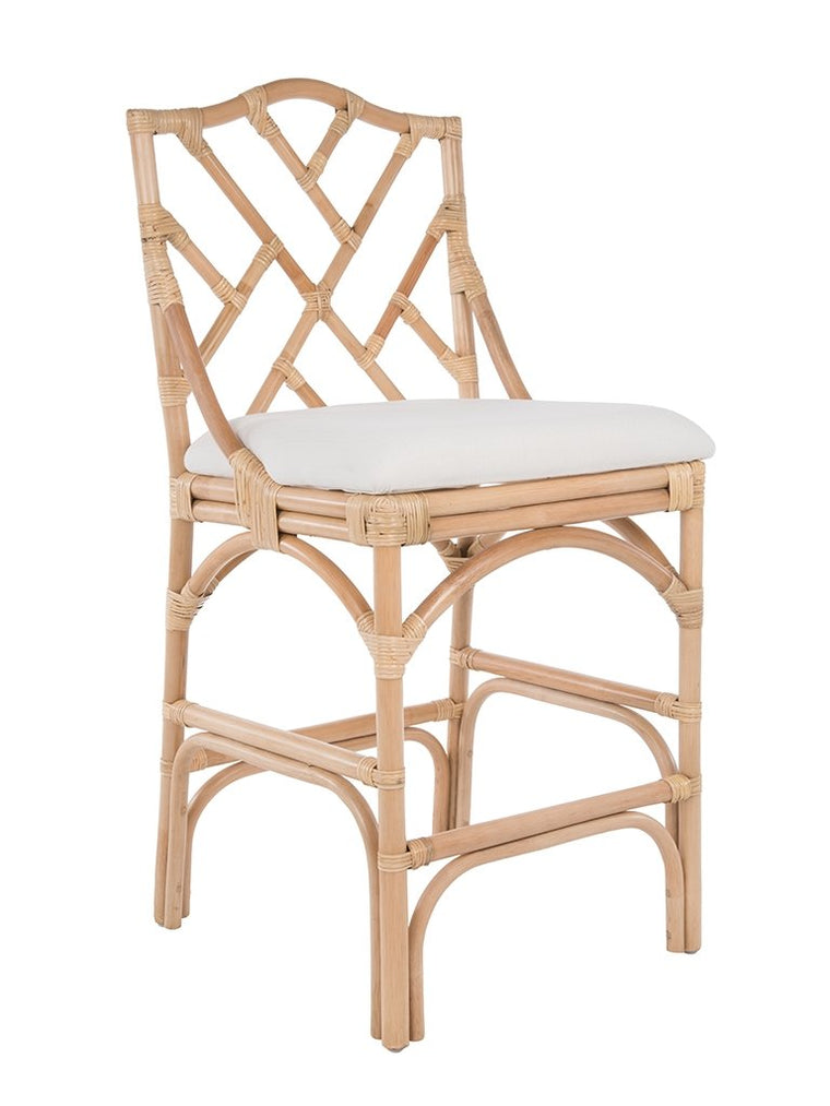 Chippendale Rattan Counter Stool, Natural and Off-White Upholstery - product view 1