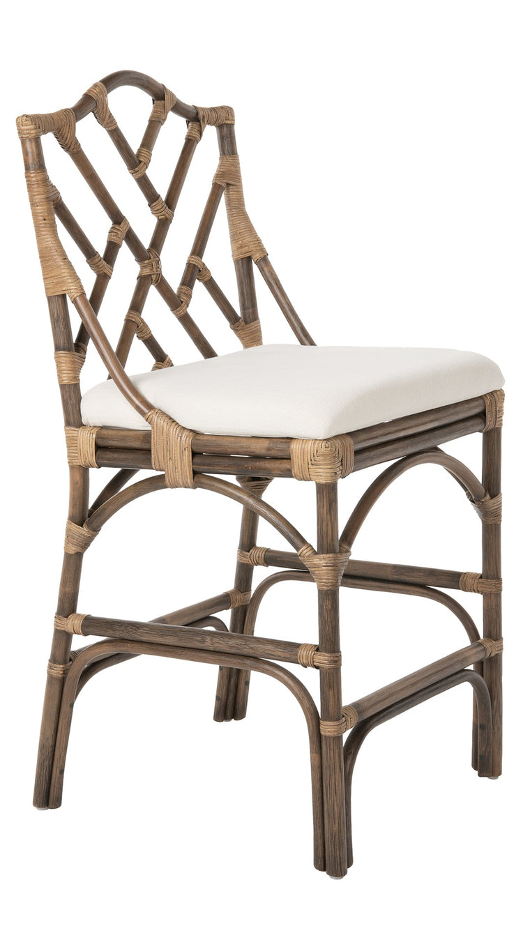 Chippendale Rattan Counter Stool, Antique Brown and Off-White Upholstery - product view 1