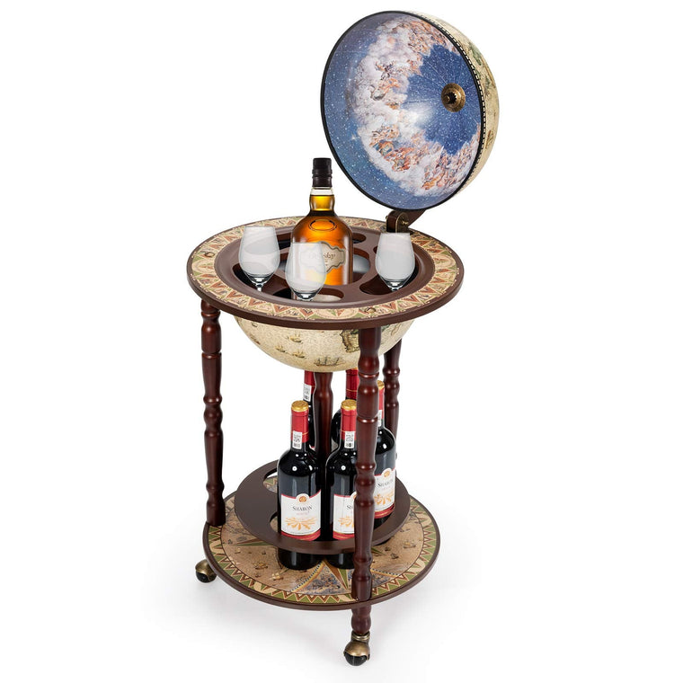 17" Wood Globe Wine Bar Stand 16th Century Italian Rack Liquor Bottle Shelf - product view 1