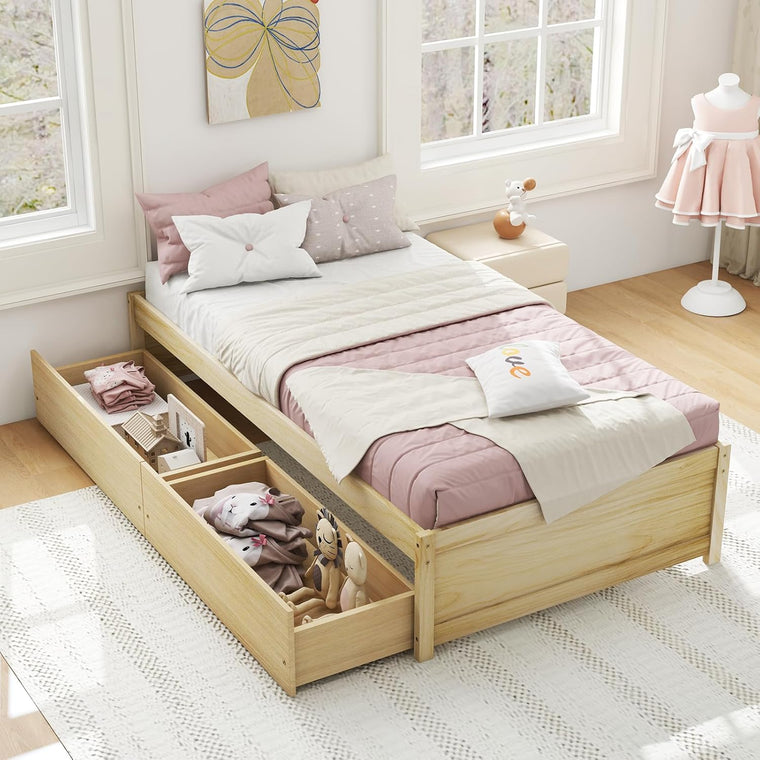Queen/Full/Twin Size Bed Frame with 2 Storage Drawers, Solid Wood Platform Bed with Slats Support - product view 1