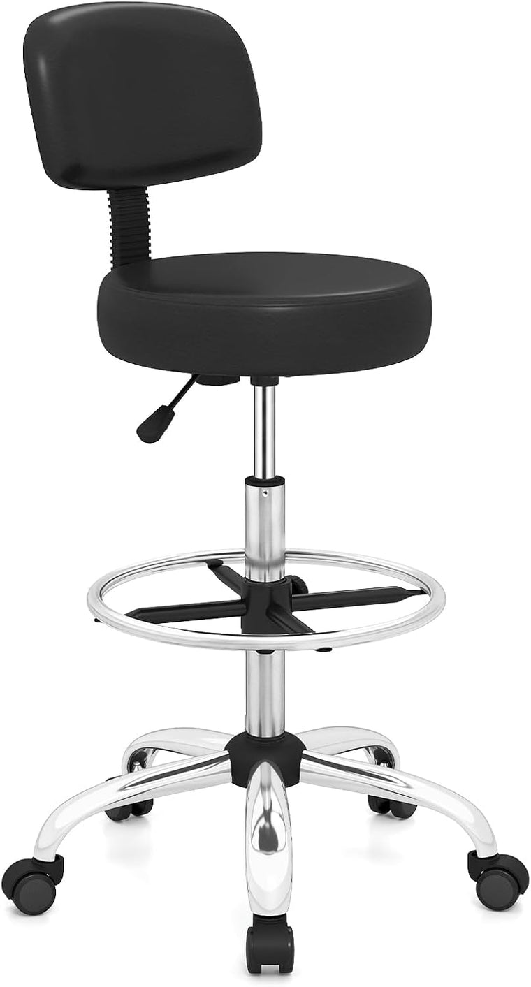 Drafting Chair with Back, Adjustable Foot Rolling Stool with Wheels | PVC Leather Tall Office Chair w/ - product view 1