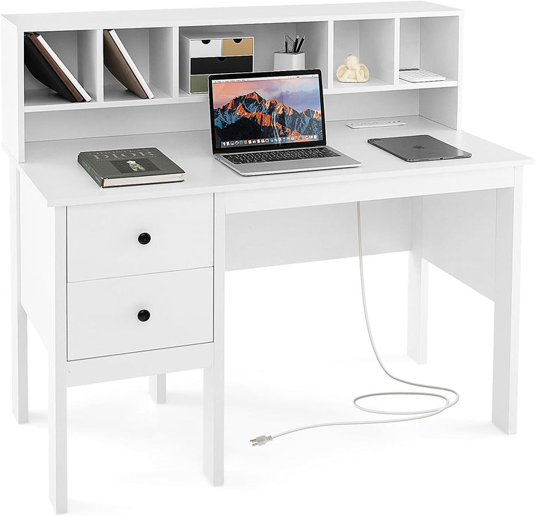 White Desk with Drawers and Power Outlet, 48" Home Office Computer Desk with 5-Cubby Hutch - product view 1