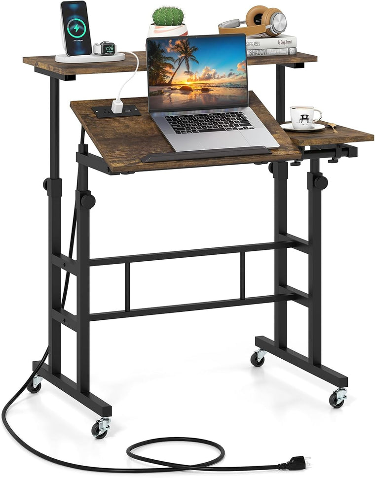 Mobile Standing Desk, Adjustable Rolling Computer Desk (Brown) | Tilting Desktop & Storage Shelves - product view 1