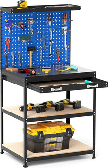Workbench with Pegboard, 32" x 16" Multi-use Workbench with 2 Tires of Shelves, Topping Space