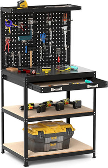 Workbench with Pegboard, 32" x 16" Multi-use Workbench with 2 Tires of Shelves, Topping Space