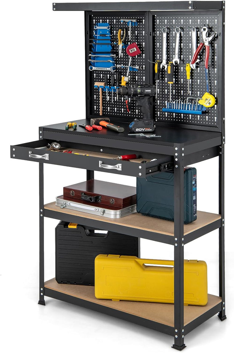 Workbench with Pegboard, 32" x 16" Multi-use Workbench with 2 Tires of Shelves, Topping Space - product view 1