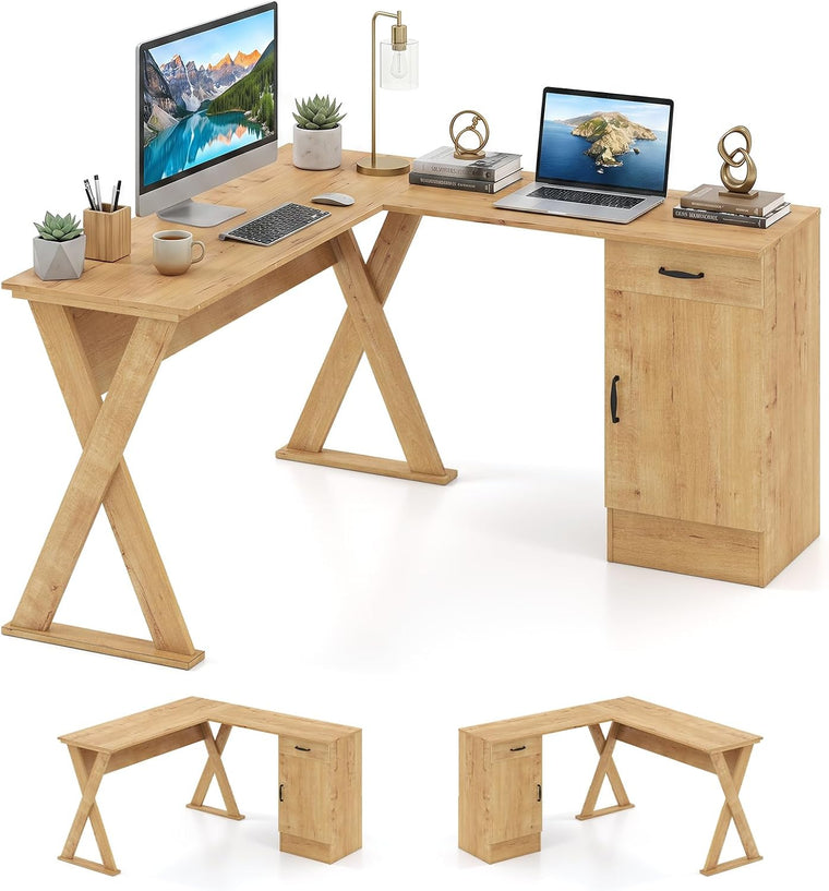 L-Shaped Computer Desk with Reversible Drawer & Cabinet | Home Office Desk with X-shaped Structure - product view 1