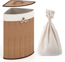 Corner Laundry Hamper with Lid, Bamboo Laundry Basket with Removable Liner and Handle
