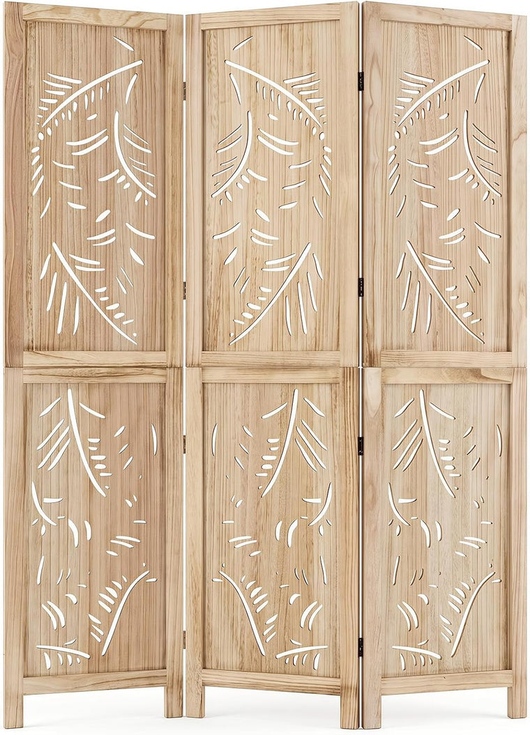 3 Panel Boho Room Divider with Carved Palm Leaf Pattern - product view 1