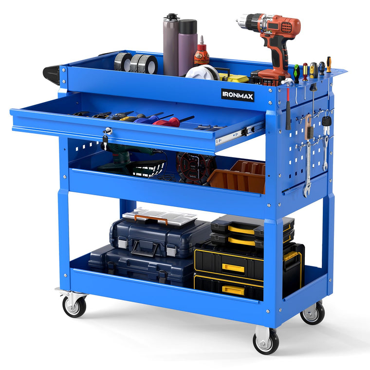 3 Tier Rolling Tool Cart with Lockable Drawer | Heavy Duty Metal Utility Cart on Wheels - product view 1