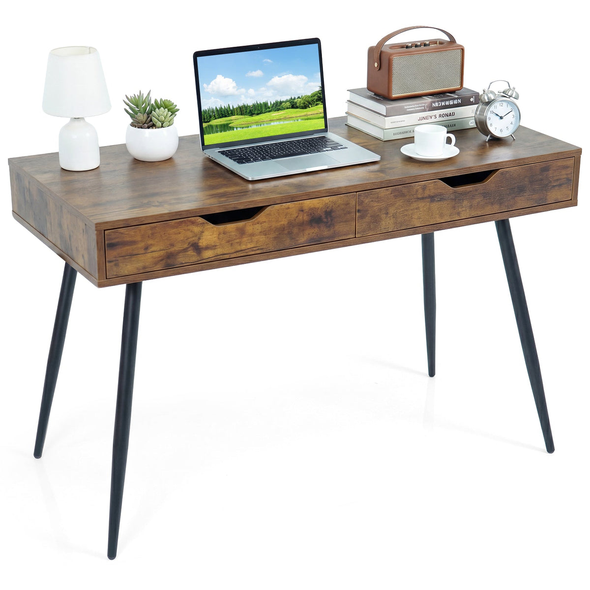 Mid-Century Desk with 2 Drawers, 43.5" Writing Study Desk with Solid Rubber Wood Legs - product view 1