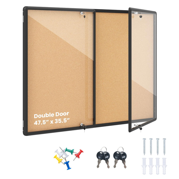 Enclosed Bulletin Board | 47.5” x 35.5” Lockable Cork Notice Board with Aluminum Frame - product view 1