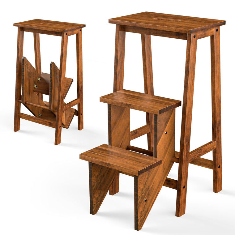 3 Tier Folding Step Ladder, Multifunction 3-in-1 Wood Step Stool - product view 1
