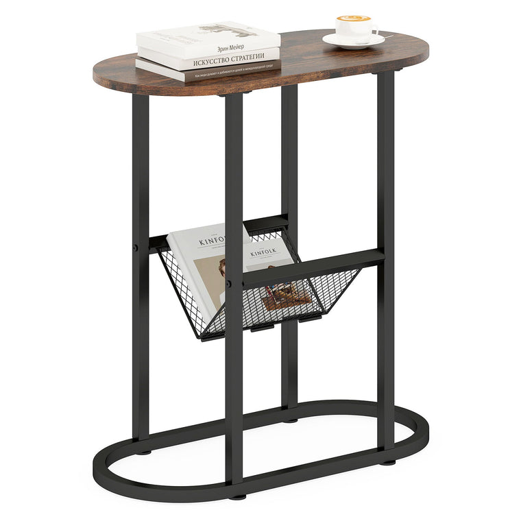 Oval Narrow Side Table, Small End Table with Magazine Rack Sling Holder Pouch - product view 1