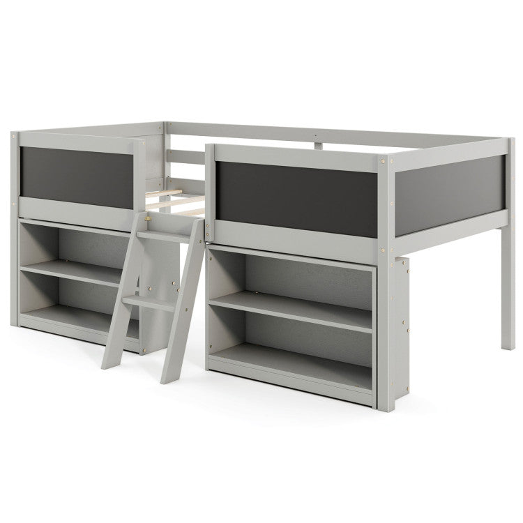 Low Loft Bed Twin Size, Wooden Loft Bed with Ladder & Blackboard - product view 1