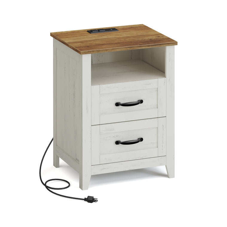 Liry Collection - Farmhouse nightstand with charging station drawers and open shelf - product view 1