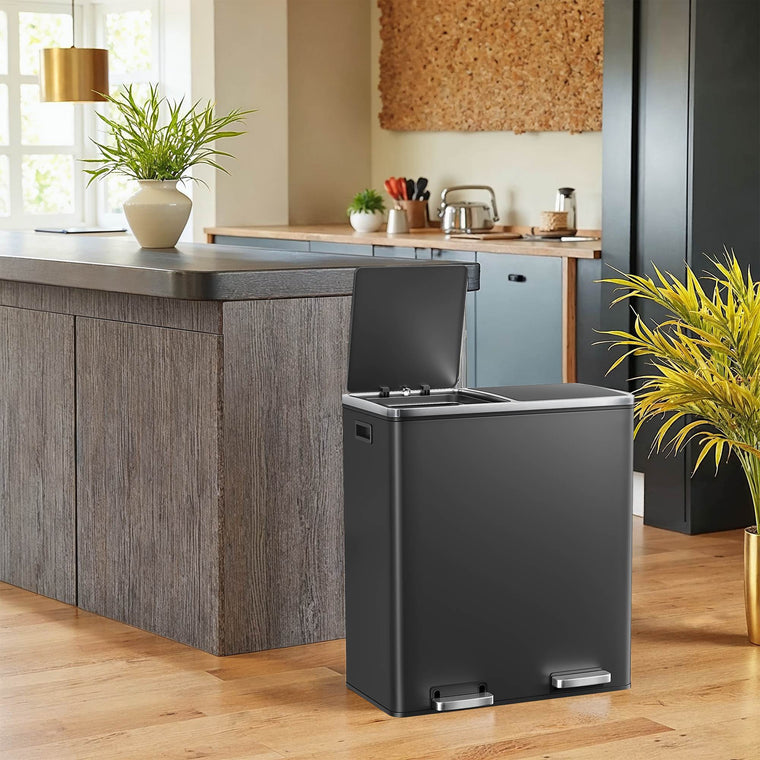 Dual compartment kitchen trash can with airtight hinged lids - product view 1