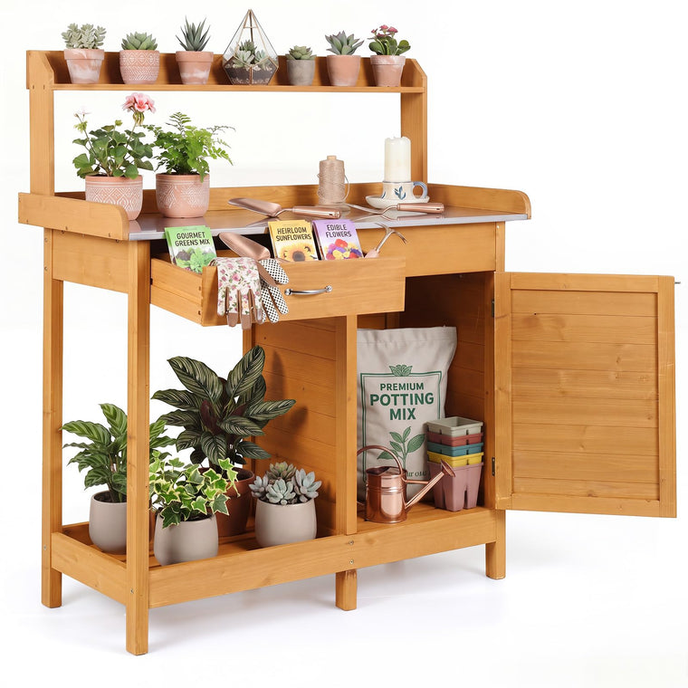 Garden Potting Bench Table with Stainless Steel Tabletop for Yard Porch Lawn - product view 1