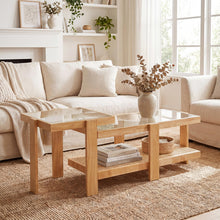 Nesting Coffee Table Set of 2 with Tempered Glass Top & Solid Rubber Wood Frame - product view 1