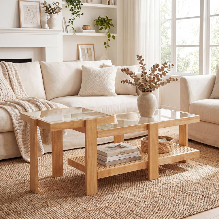 Nesting Coffee Table Set of 2 with Tempered Glass Top & Solid Rubber Wood Frame - product view 1