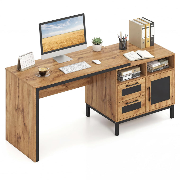 71" Farmhouse Executive Desk with Open Compartments Storage Drawers & Single-Door Cabinet - product view 1