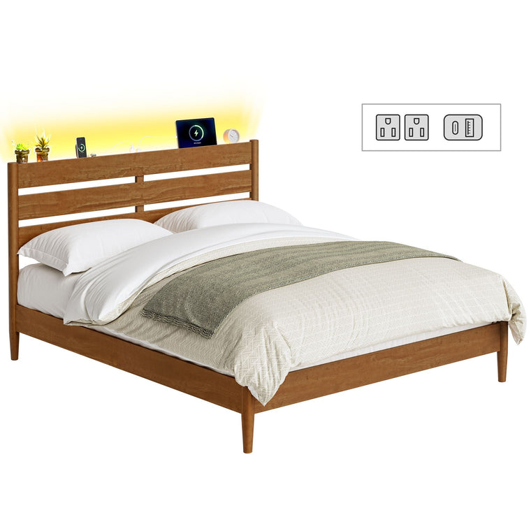 Bed Frame, Wood Platform Bed with Storage Headboard - product view 1