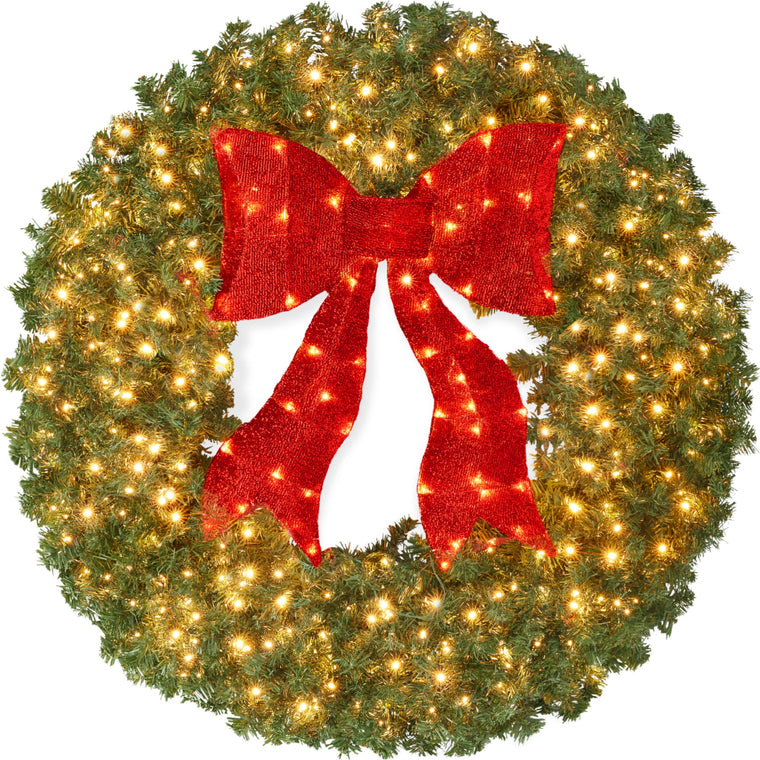 Pre-Lit Artificial Fir Christmas Wreath w/ Red Bow, LED Lights - product view 1