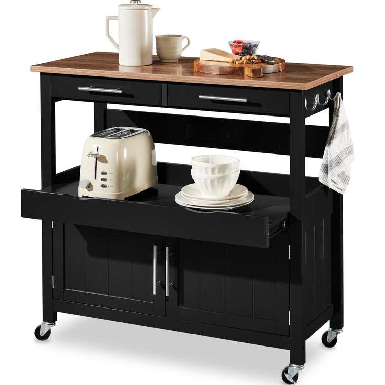 36in Large Rolling Kitchen Island Cart, 2-Door Cabinet, Outlet, & Wheels - product view 1