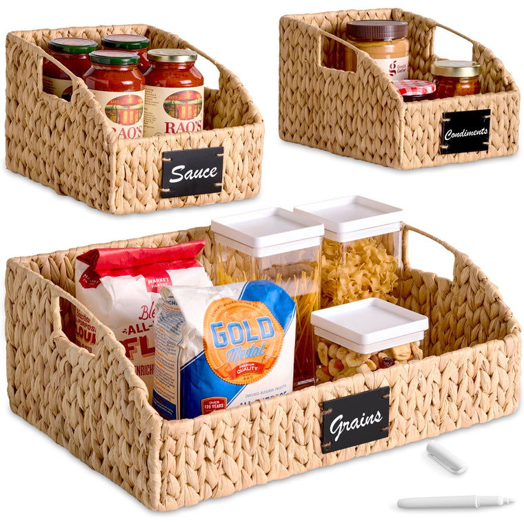 Water Hyacinth Pantry Storage Baskets, Wicker Baskets w/ Built-in Handles - product view 1