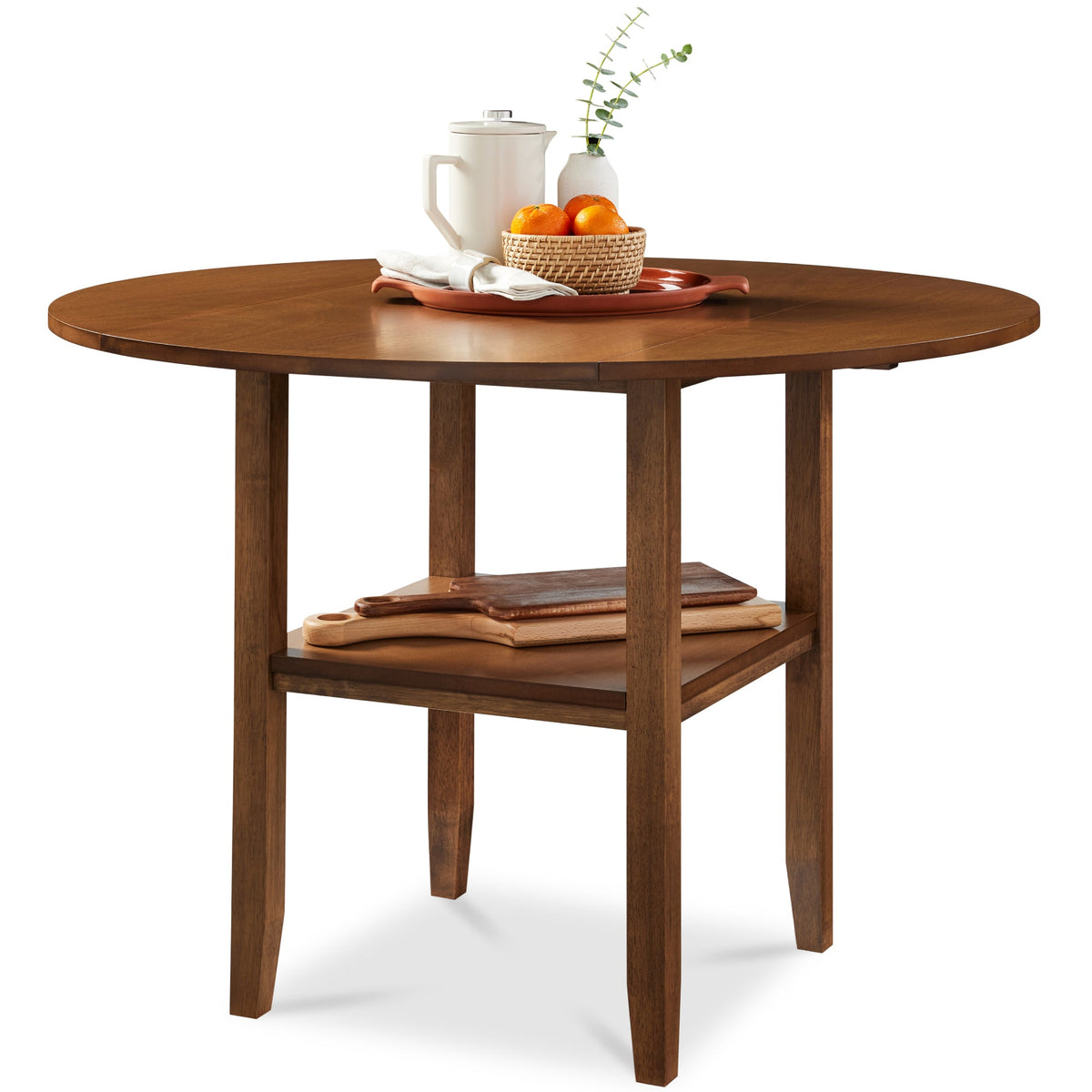 42" Round Drop Leaf Dining Table For 4, Solid Wood Table W/ Storage Shelf - product view 1