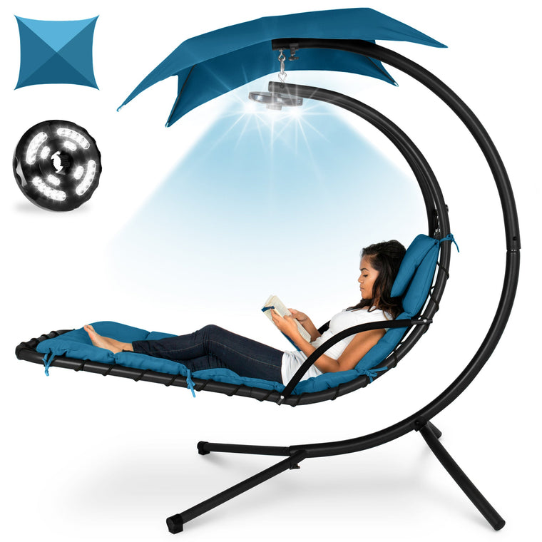 Hanging LED-Lit Curved Chaise Lounge Chair w/ Pillow, Canopy, Stand - product view 1