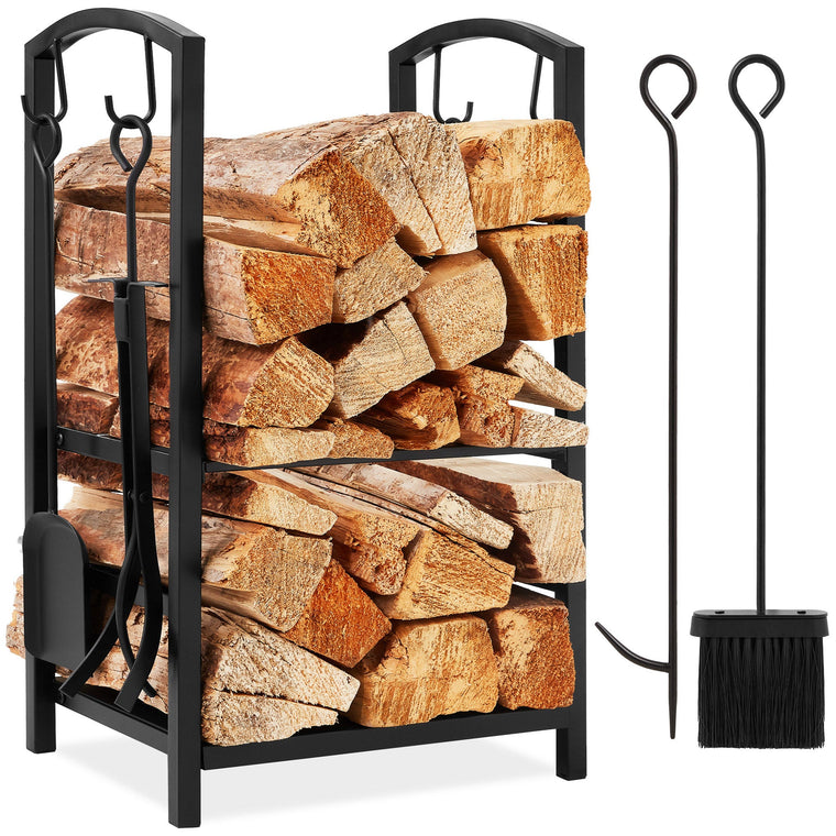 5-Piece Firewood Log Rack Holder Tools Set w/ Hook, Broom, Shovel, Tongs - product view 1