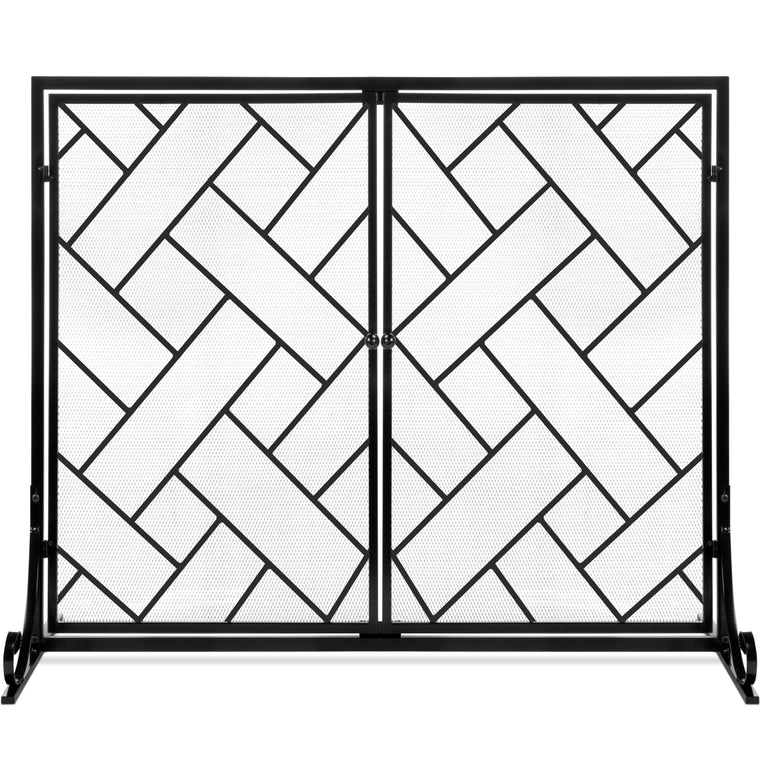 2-Panel Wrought Iron Geometric Fireplace Screen w/ Magnetic Doors - 44x33in - product view 1