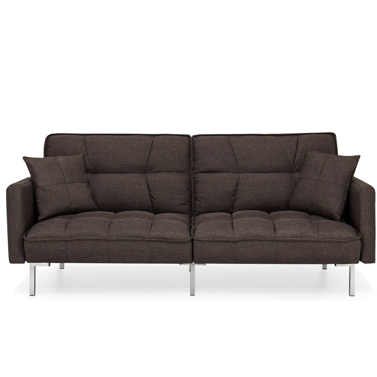 Convertible Linen Tufted Futon w/ 2 Plush Pillows, Split-Back Design - product view 1